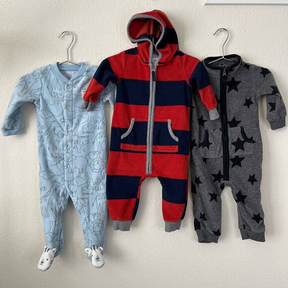 3x Carter’s fleece onesie footie gray star animal print zebra raccoon hooded - Picture 3 of 5